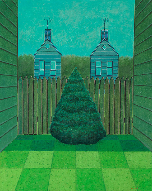Oil painting of two identical houses behind a stockade fence with a tree in front of the fence by John Hrehov.