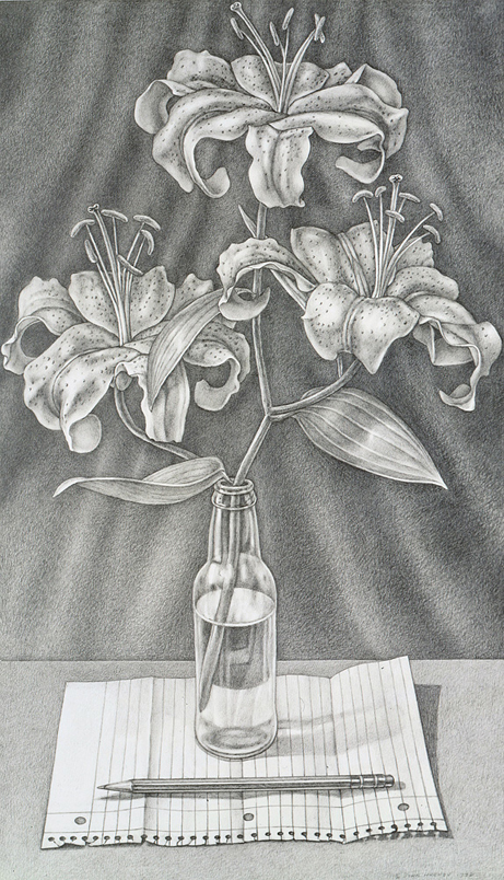 Consider The Lilies - Drawing by John Hrehov. Graphite drawing of a pencil and a bottle with lilies sitting on a piece of ruled notebook paper.