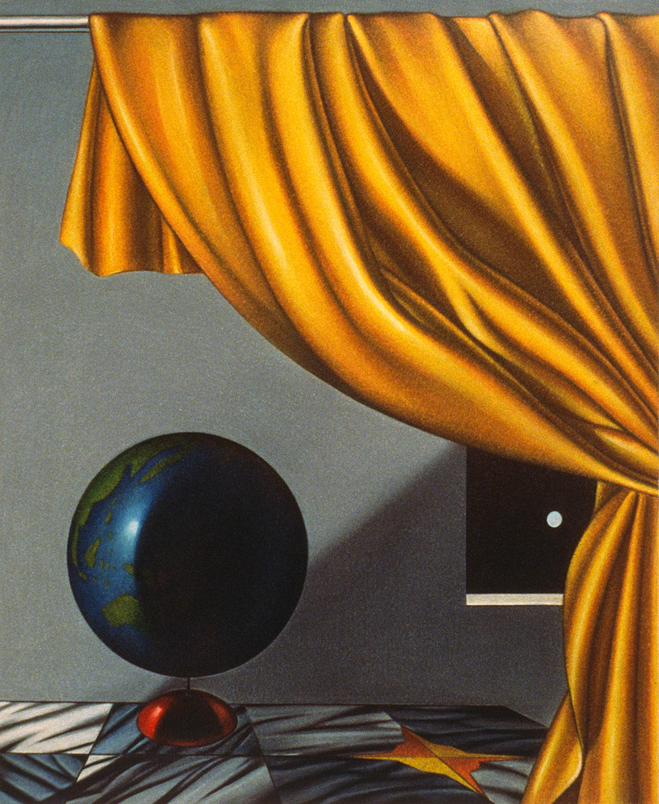 Eclipse- Drawing by John Hrehov. Colored pencil drawing of a backlit globe on a table behind a yellow curtain. The moon is visible through a window behind the globe.