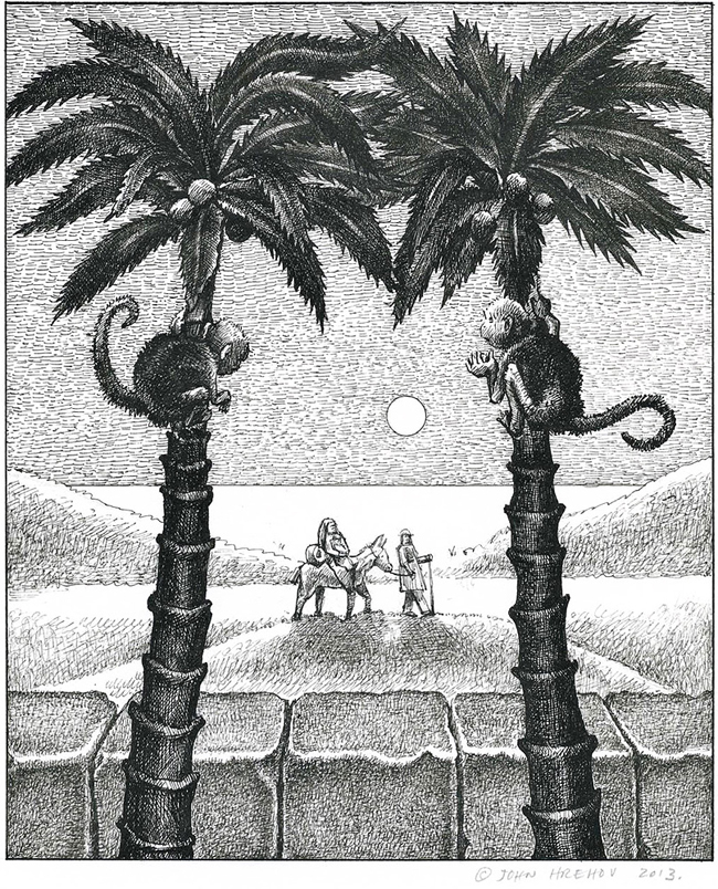 Flight Into Egypt - Ink Drawing by John Hrehov. Mary, Joseph, and baby Jesus traveling to Egypt to escape King Herod. Two monkeys watch them from the palm trees in the foreground.