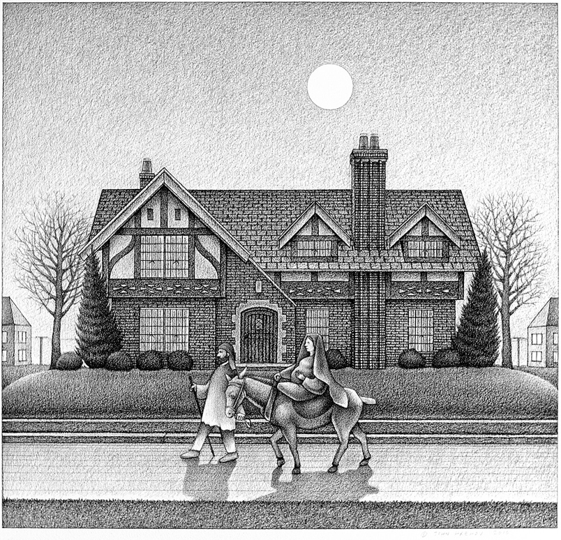 Great With Child - Drawing by John Hrehov. Charcoal drawing of pregnant Mary riding a donkey led by Joseph past a modern Tudor style house.