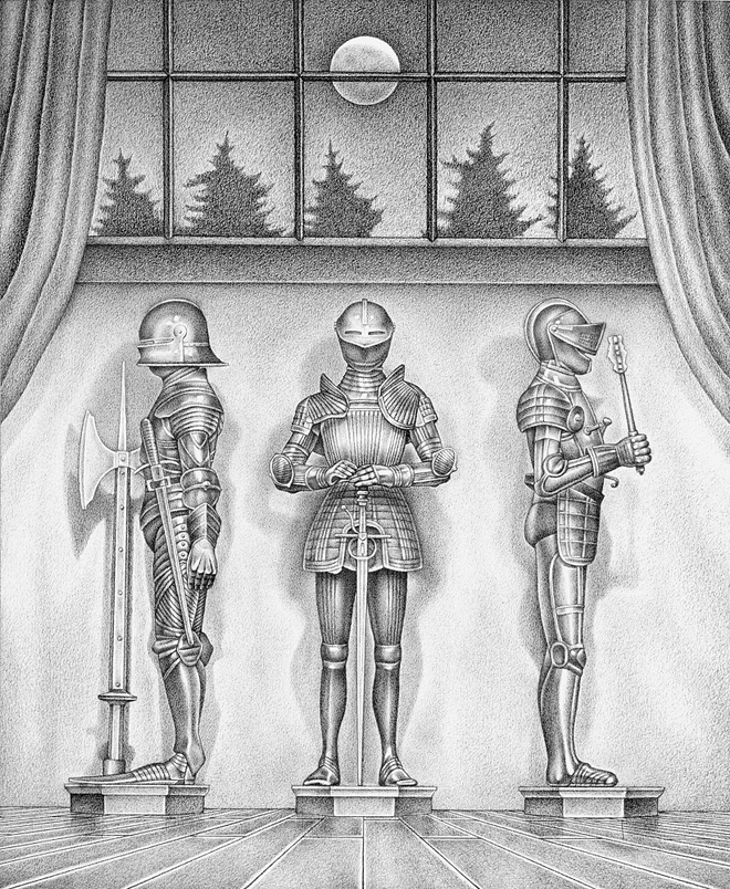 October - Drawing by John Hrehov. Charcoal drawing of three medieval suits of armor in front of a window at night, with the moon in the sky above.