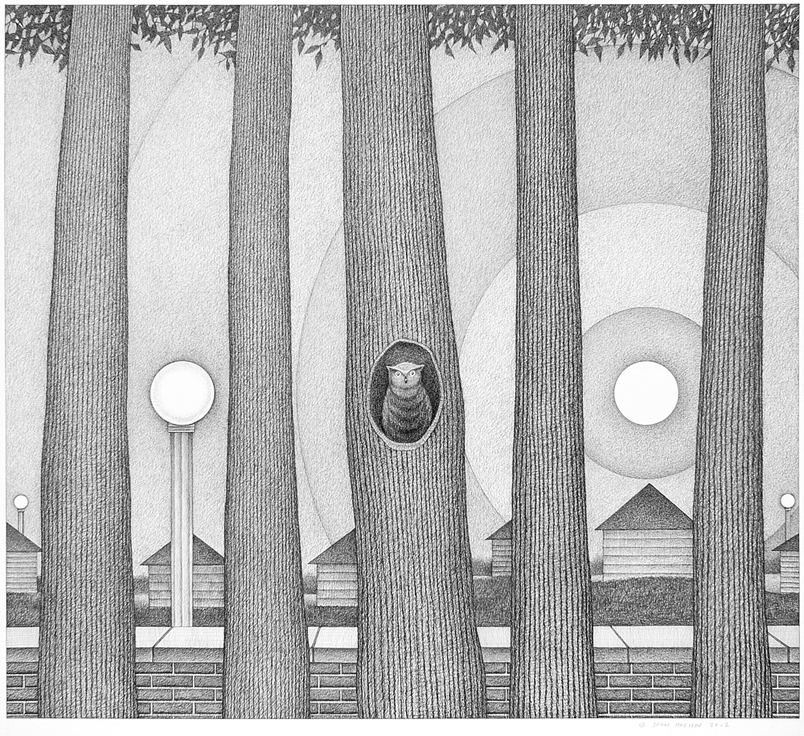 Rising - Drawing by John Hrehov. Charcoal drawing of an owl looking out from the inside of a hollow tree in a park with the sun rising over the houses in the background.