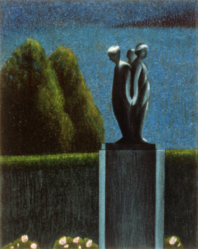 The Three Graces - Drawing by John Hrehov. Colored pencil drawing of a sculpture of three women on an outdoor pedestal.
