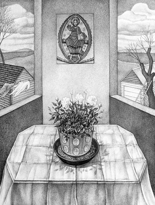 Will He Find Faith On Earth? - Drawing by John Hrehov. Charcoal drawing of a room with an icon of Jesus Christ hanging above a table with a vase of flowers.