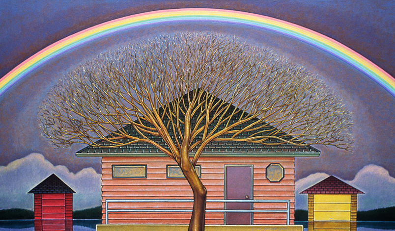 After The Flood - Painting by John Hrehov. Oil painting of rainbow over a house and tree in a flooded landscape.