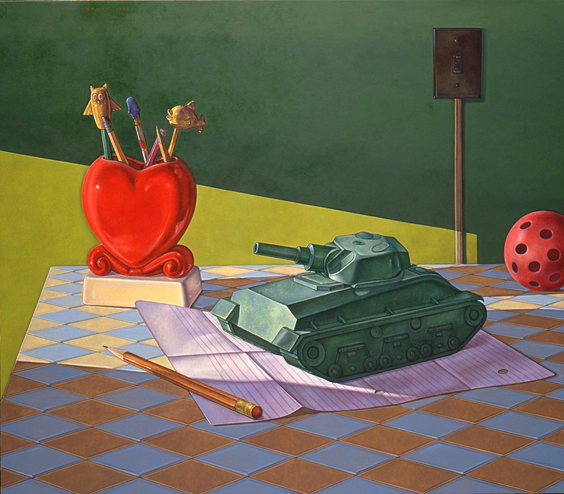 Battles in Shadows - Painting by John Hrehov. Oil painting of a toy tank rolling over a piece of lined notebook paper sitting on a desk with a heart-shaped pencil holder.
