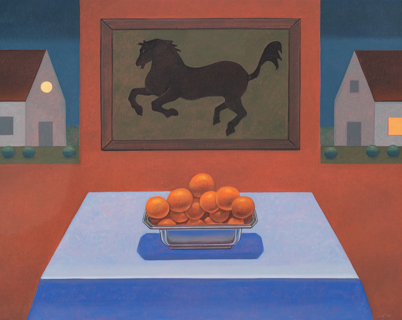 Black Horse - Painting by John Hrehov. Oil painting of a room with a painting of a black horse hanging above a table with a silver bowl of oranges.