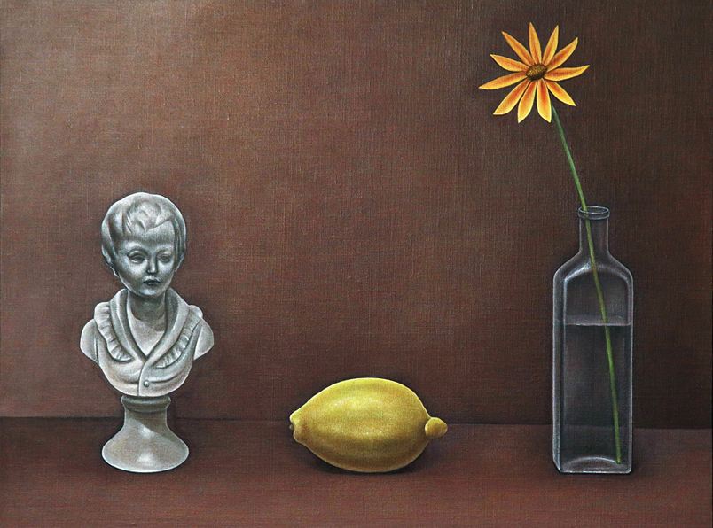 Boy Lemon and Vase - Painting by John Hrehov. Oil painting of a lemon, a vase with a flower, and a bust of a boy.