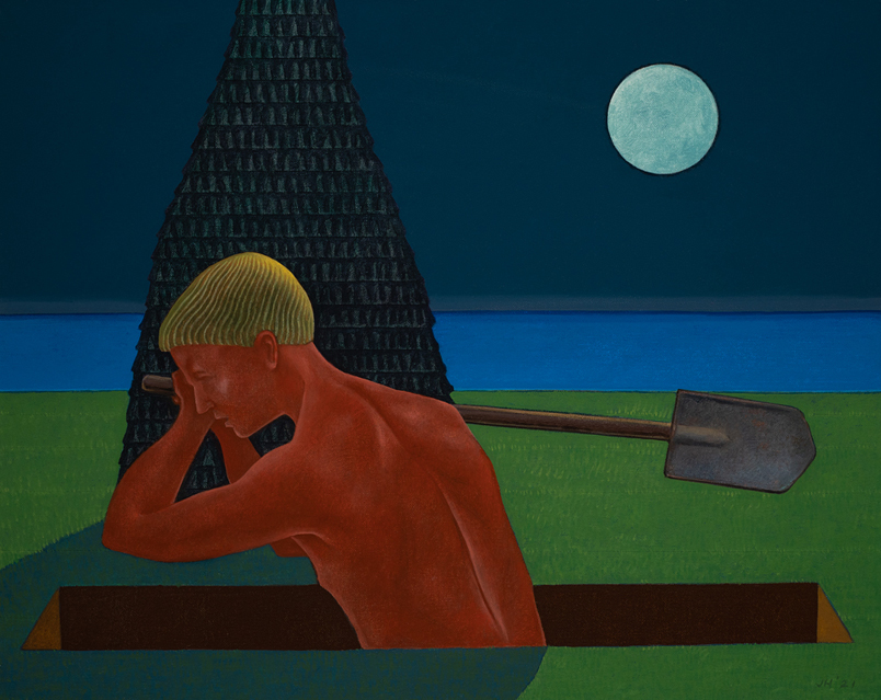 Cause And Effect - Painting by John Hrehov. Oil painting of a man digging a grave under a pine tree at night.