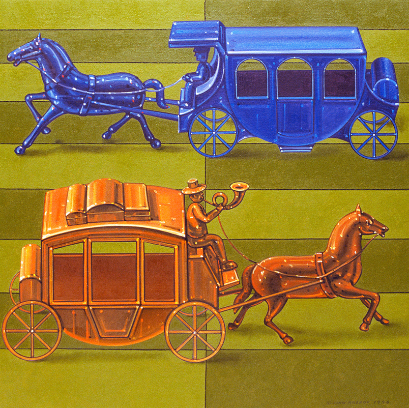Coming and Going - Painting by John Hrehov. Oil painting of two toy stagecoaches moving in opposite directions.
