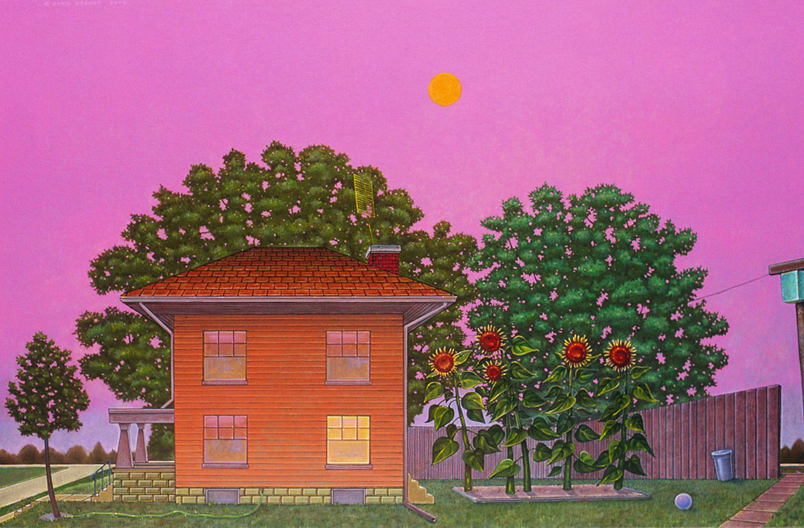 Foursquare - Painting by John Hrehov. Oil painting of an American Foursquare style house with sunflowers growing in the back yard.