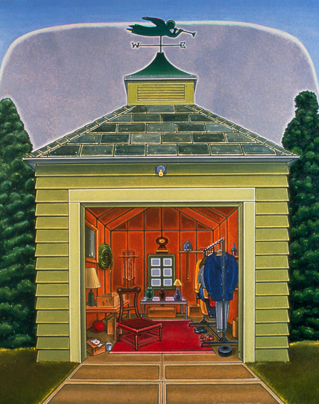 Garage Sale - Painting by John Hrehov. Oil painting of a garage opened up for a garage sale.