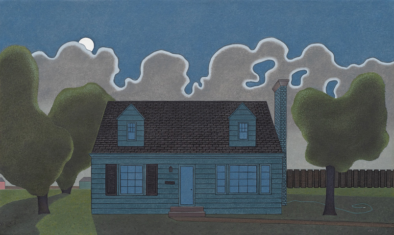 Gentle Night - Painting by John Hrehov. Oil painting of a house at night flanked by trees, under a full moon.