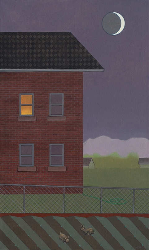 Gifted Night - Painting by John Hrehov. Oil painting of a brick house at night with a single window lit. There is a crescent moon in the sky above.