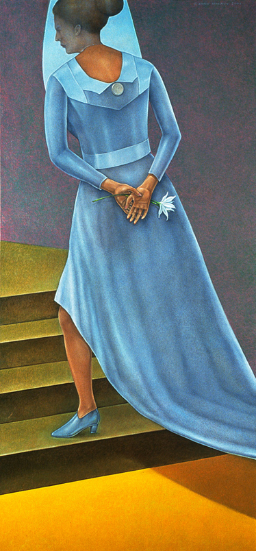 Goodbye - Painting by John Hrehov. Oil painting of a woman walking away up a stairway holding a flower behind her back.