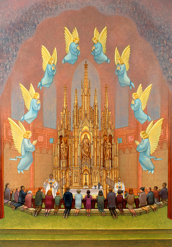 Heaven On Earth - Painting by John Hrehov. Oil painting of people praying and taking Communion in a beautiful church while angels hovering above pray.