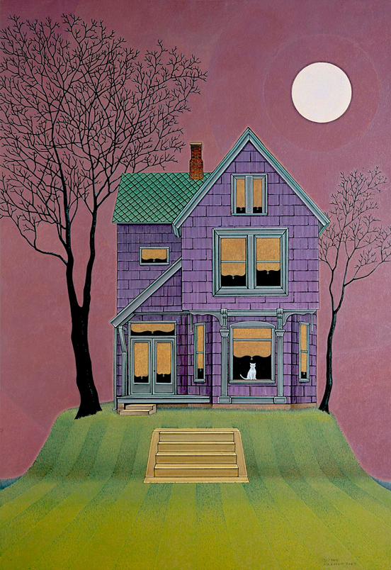 House Cat - Painting by John Hrehov. Oil painting of a cat sitting in the window of an old farmhouse on a hill.