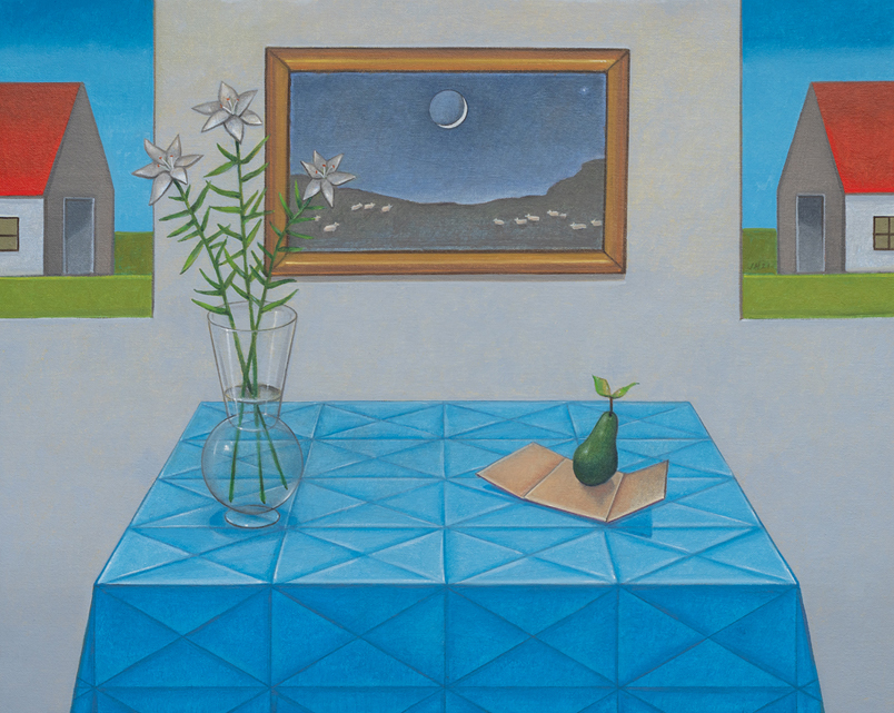 Painting by John Hrehov. Magnificat. Oil painting of a pear and a vase of white flowers on a table with a blue tablecloth. There is a painting of sheep under a crescent moon on the wall above the table.