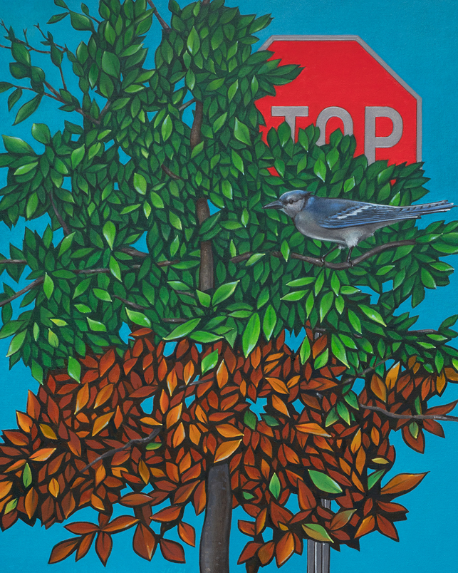 Painting by John Hrehov. Partial Stop. Oil painting of a bird perched in a tree in front of a stop sign. The tree leaves are turning brown.