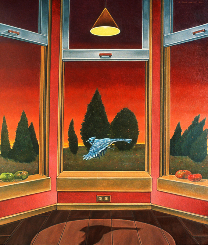 Passing Through - Painting by John Hrehov. Oil painting of a bird flying through a house with open windows. The shadow of the bird is cast on the floor in a circle of light from an overhead lamp. Tomatoes ripen on the windowsills.