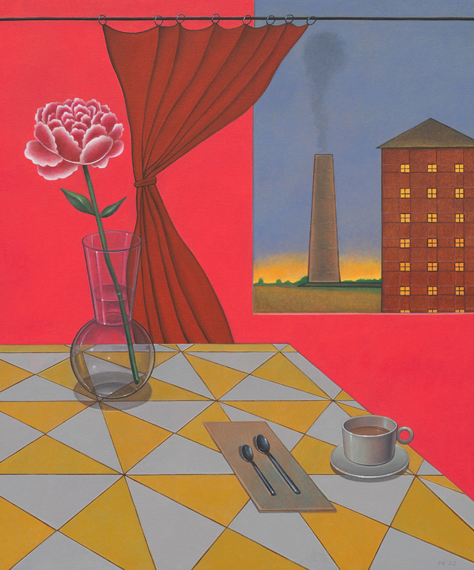 Painting by John Hrehov. Presence. Oil painting of a kitchen table with a rose in a vase. A factory with a tall chimney is visible through a window.
