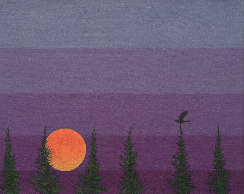 Rising - Painting by John Hrehov. Oil painting of a bird flying across the sky as the sun rises.