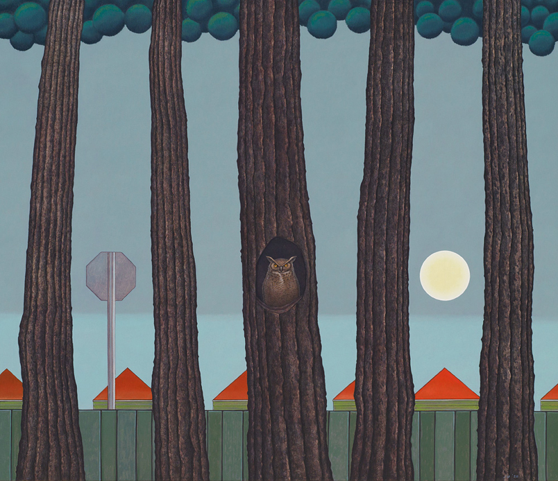 Rising - Oil Painting by John Hrehov. Painting of an owl looking out from the inside of a hollow tree in a park with the sun rising over the houses in the background.