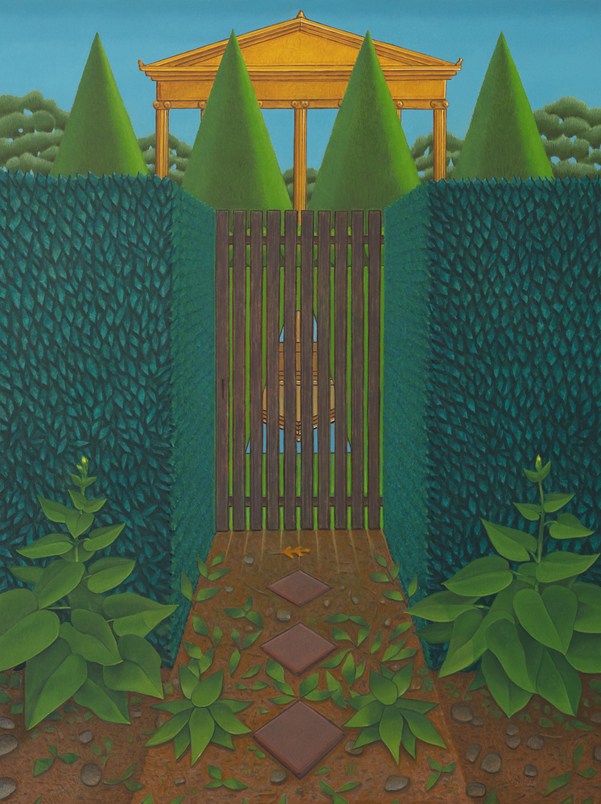 Painting by John Hrehov. Summer Gate. Oil painting of a wooden gate between two tall hedges surrounding a park with a Greco-Roman temple facade and a reflecting pool.