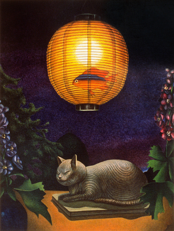 Tribute - Painting by John Hrehov. Acrylic painting of a sculpture of a cat sitting under a Japanese lantern with a goldfish swimming in it.
